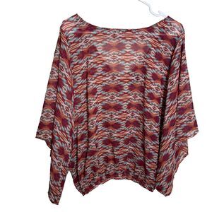 Bobeau Blouse Women's XL Colorful Low Back Sheer 3/4 Sleeve Shirt Top Boho
